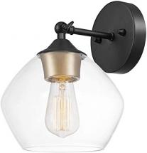 Globe Electric 51367 Harrow 1-Light Wall Sconce, Matte Black, Gold Accent Socket, Clear Glass Shade