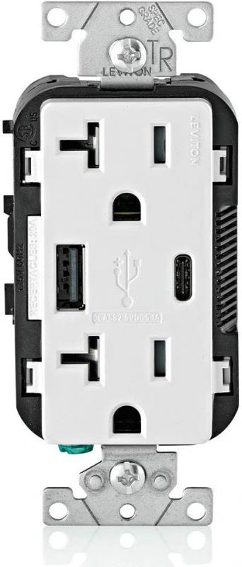 Leviton T5833-W 20-Amp Type-C USB Charger/Tamper Resistant Receptacle, White