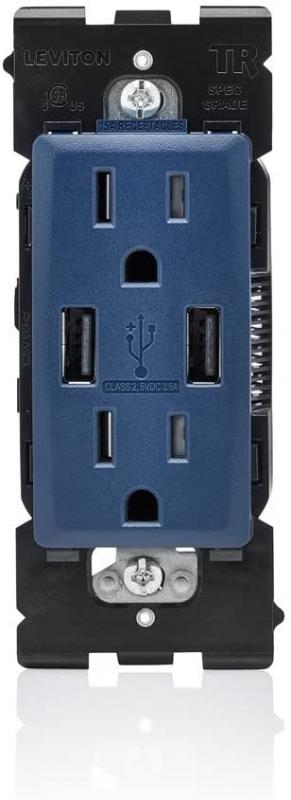Leviton RUAA1-RN Renu USB Charger/Tamper-Resistant Duplex Outlet, 15A-125VAC, Rich Navy