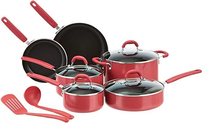 Amazon Basics Ceramic Non-Stick 12-Piece Cookware Set, Red - Pots, Pans and Utensils