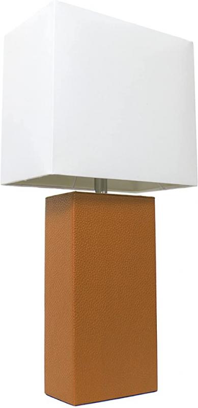 Elegant Designs LT1025-TAN Modern Leather White Fabric Shade Table Lamp, Tan