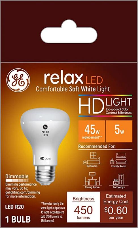 GE Relax LED HD Floodlight Bulb, 5 Watt (45 Watt Equivalent) Soft White, Medium Base, Dimmable