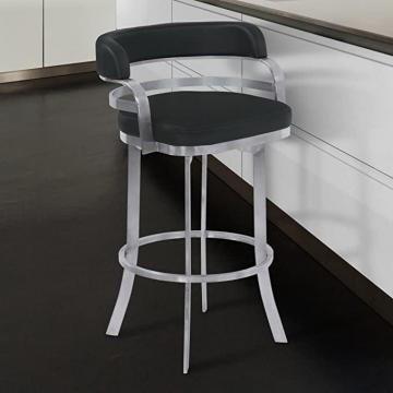 Armen Living Prinz 26" Counter Height Swivel Barstool in Black Faux Leather and Brushed Steel