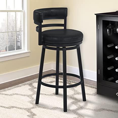 Armen Living Madrid 26" Counter Height Swivel Barstool in Ford Black Faux Leather and Black Metal