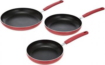 Amazon Basics Ceramic Non-Stick 3-Piece Skillet Set, 8-Inch, 9.5-Inch and 11-Inch, Red