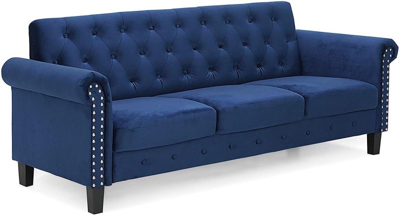 FURINNO Bastia Vintage Modern Chesterfield Button Tufted 3-Seater Sofa Couch, Navy Velvet