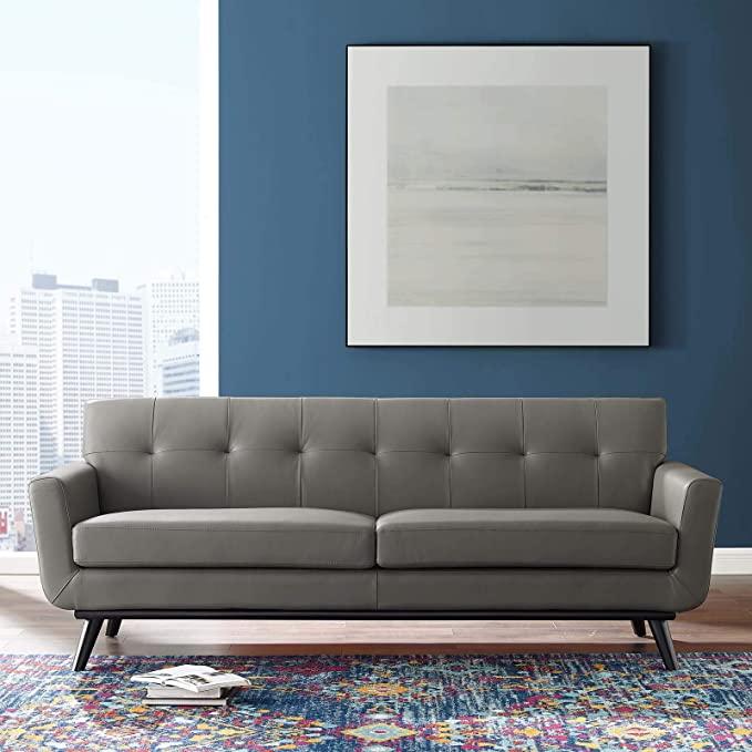 Modway Engage Top-Grain Leather Living Room Lounge Sofa in Gray