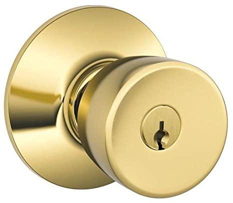Schlage F51A BEL 505 605 Bell Knob Keyed Entry Lock, Bright Brass