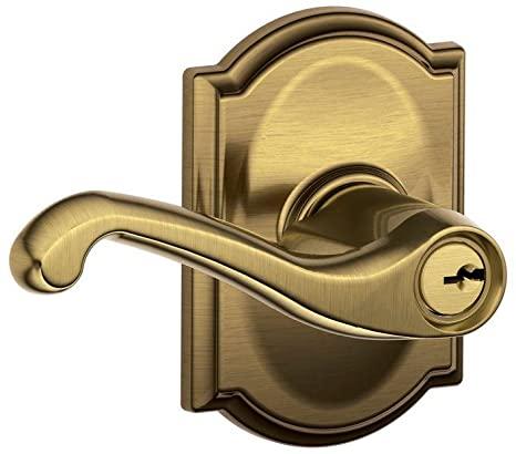 Schlage F51A FLA 609 CAM Flair Lever with Camelot Trim Keyed Entry Lock, Antique Brass