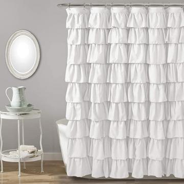 Lush Decor, White Ruffle Shower Curtain | Floral Textured Vintage Chic Farmhouse Style Design