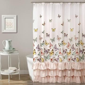 Lush Decor, Pink Flutter Butterfly Shower Curtain | Textured Ruffle Print Fabric Bathroom Decor