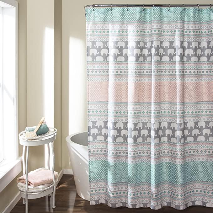 Lush Decor 16T000122 Elephant Stripe Shower Curtain, 72" x 72", Turquoise/Pink