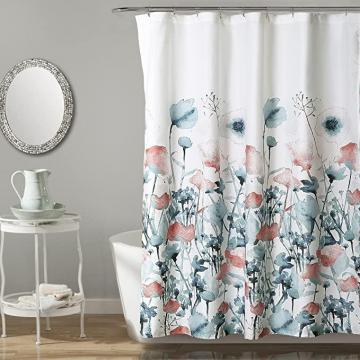 Lush Decor, Blue and Coral Zuri Flora Shower Curtain-Fabric Watercolor Floral Print Design
