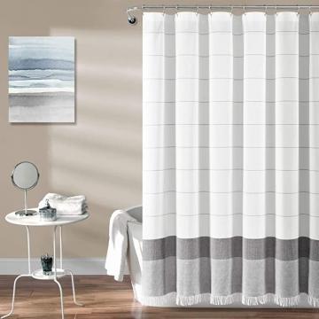 Lush Decor White Woven Cotton Shower Curtain with Gray Stripe and Tassel Fringe