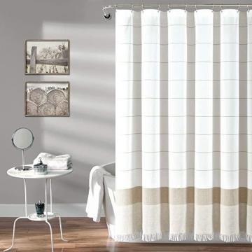 Lush Decor White Woven Cotton Shower Curtain with Taupe Stripe and Tassel Fringe