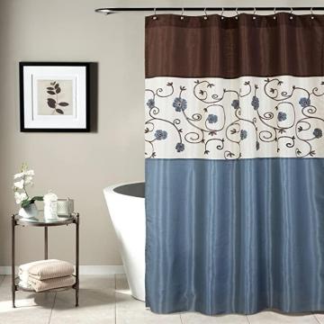 Lush Decor Blue Royal Garden Shower Curtain | Fabric Floral Color Block Stripe Neutral