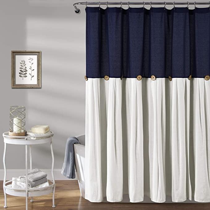 Lush Decor, Navy & White Linen Button Shower Curtain, 72" x 72", 72 in x 72 in (Wide x Long)