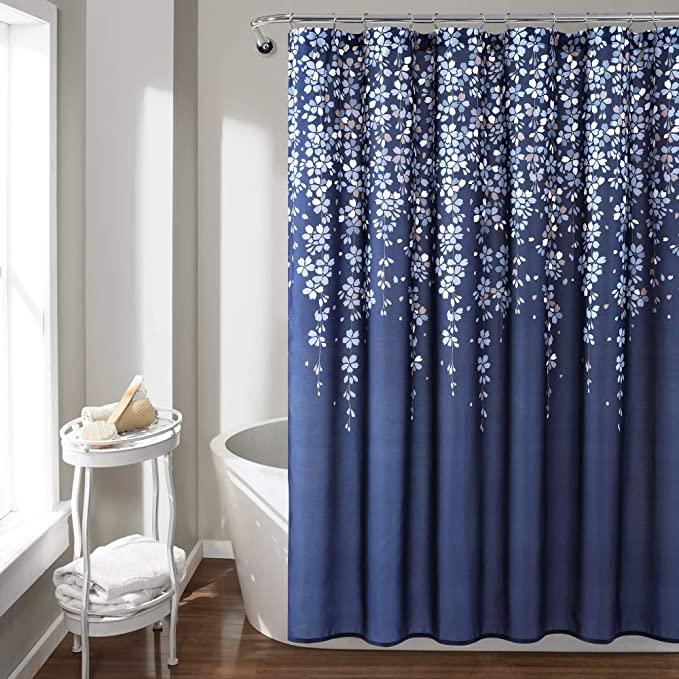 Lush Decor, Navy Weeping Flower Shower Curtain-Fabric Floral Vine Print Design, x 72