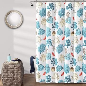 Lush Decor Blue and Coral Coastal Reef Feather Polyester Shower Curtain (72" x 72")