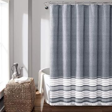 Lush Decor, Navy Nantucket Yarn Dyed Cotton Tassel Fringe Shower Curtain, 72" x 72"