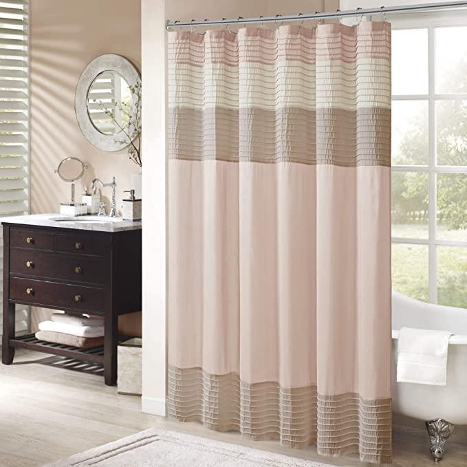 E&E Madison Park Amherst Fabric Shower Curtain Faux Silk Pieced Striped Machine Washable