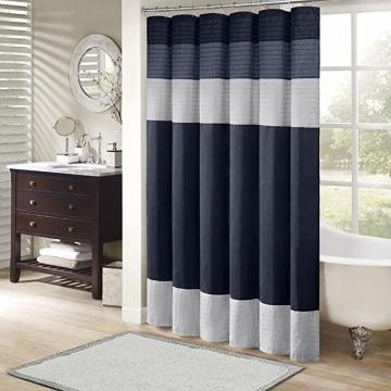 E&E Madison Park Amherst Striped Fabric Navy Shower Curtain, Deep Blue