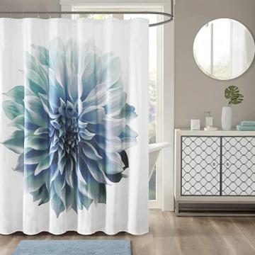 E&E Madison Park Norah Cotton Shower Curtain, Oversized Realistic Floral Print Design, Aqua