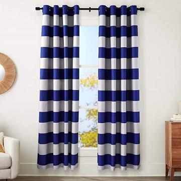 Amazon Basics Room-Darkening Blackout Curtain Set with Grommets - 52 x 96-Inch, Navy/Gray Stripe