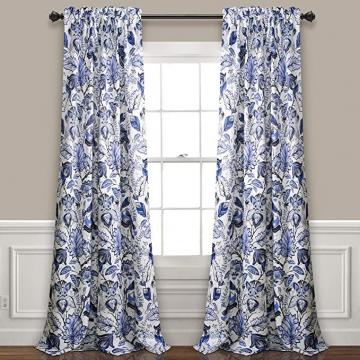 Lush Decor Cynthia Jacobean Room Darkening Window Panel Curtain Set (Pair), 84" L, Blue, 2 Count