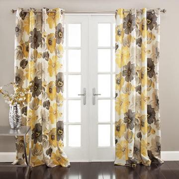 Lush Decor Room Darkening Window Curtain Panel Pair Leah Floral Insulated Grommet, Yellow and Gray