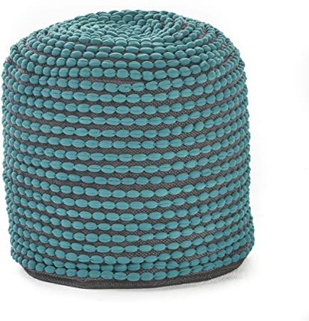 Christopher Rococco Indoor Fabric Round Pouf Ottoman, Turquoise