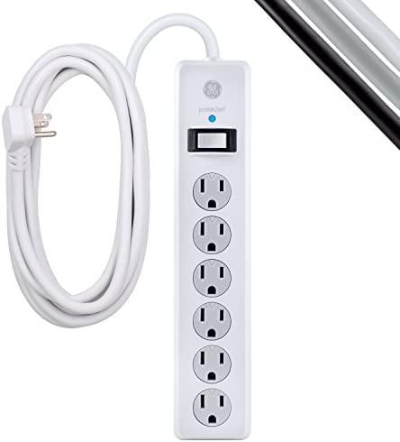 GE 6-Outlet Surge Protector, 20 Ft Extension Cord, Power Strip, 800 Joules, Flat Plug, White