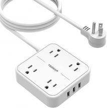 Tessan Flat Extension Cord 9.8 FT, Tessan 4 Outlets 3 USB Ports Power Strip, White