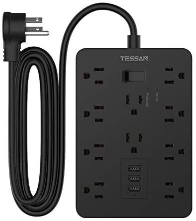 Tessan Surge Protector Flat Plug with 9.8 Ft Cord, USB Power Strip, 10 AC Outlets, 3 Charging Ports