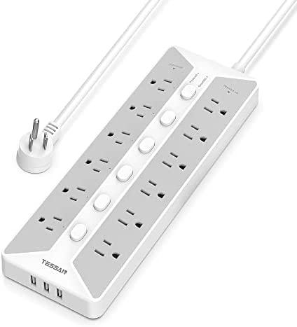 Tessan Power Strip with USB, Individual Switches, 12 Outlets and 3 USB Ports, Gray