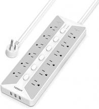 Tessan Power Strip with USB, Individual Switches, 12 Outlets and 3 USB Ports, Gray