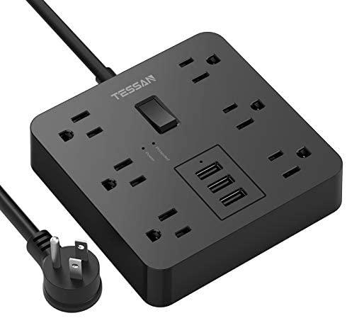 Tessan Power Strip with USB, 5 Ft Extension Cord Flat Plug with 6 Widely Spaced Outlets