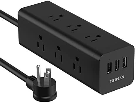 Tessan Power Strip Surge Protector, Flat Plug Extension Cord, 9 AC Outlets and 3 USB Ports, Black