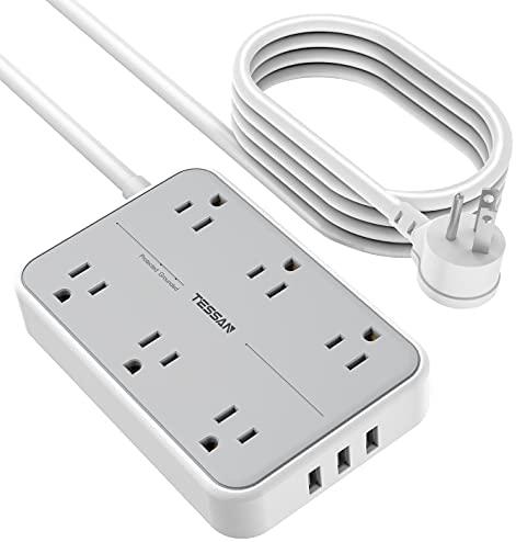 Tessan Power Strip Surge Protector, 10 Ft Flat Plug Long Extension Cord, 6 Outlets and 3 USB, Gray