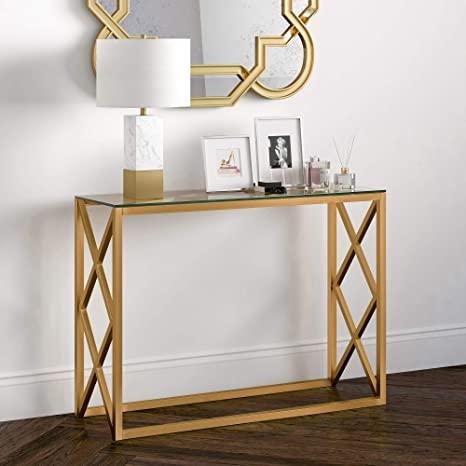 Henn&Hart Contemporary Console Table with Glass Top in Brass