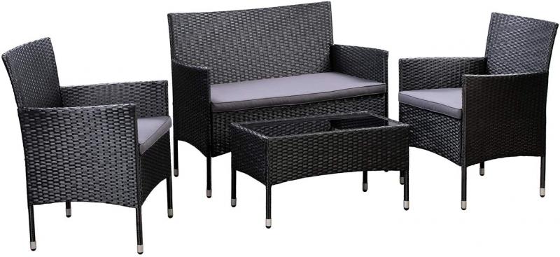 Amazon Basics Outdoor Patio Garden Faux Wicker Rattan Chair Conversation Set with Cushion, Black