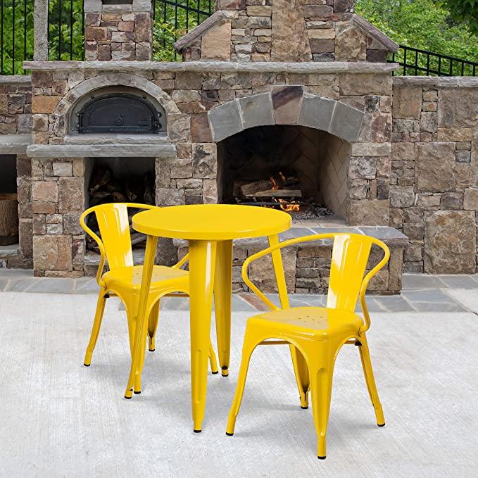 Flash Furniture Commercial Grade 24" Round Yellow Metal Indoor-Outdoor Table Set