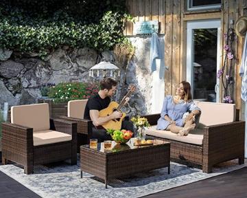 Greesum 4 Pieces Patio Porch Furniture Sets, PE Rattan Wicker Chairs with Table, Brown and Beige