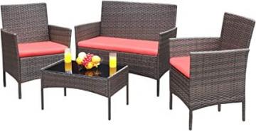 Greesum 4 Pieces Patio Outdoor Rattan Furniture Set, Brown and Red