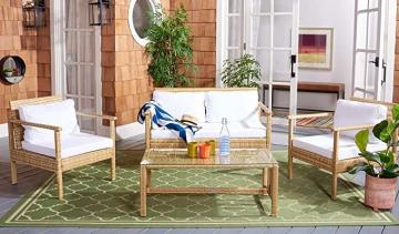 Safavieh Outdoor Collection Garnen Wicker Cushion 4-Piece Living Set, Natural/White