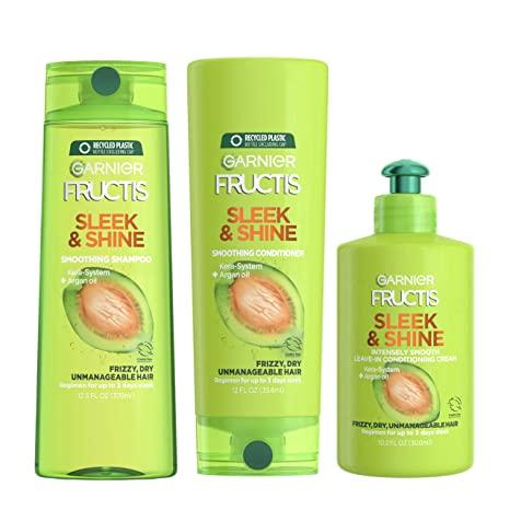 Garnier Fructis Sleek and Shine Shampoo, Condition + Leave-In Conditioning Cream Kit