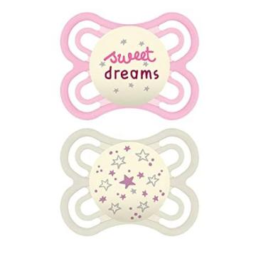 MAM Perfect Night Baby Pacifier, Patented Nipple, Glows in the Dark, 2 Pack, 0-6 Months, Girl