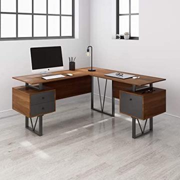 Techni Mobili Reversible L-Shape Computer Drawers and File Cabinet Home Office Desk, Walnut