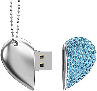 RAOYI 64GB Heart Shape USB 2.0 Flash Drive Crystal with Key Chain-Blue