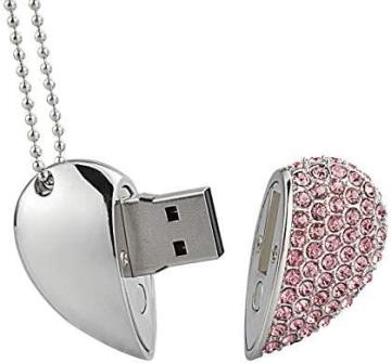 RAOYI 32GB Heart Shape USB 2.0 Flash Drive Crystal with Key Chain-Pink